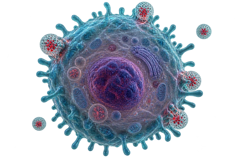 Illustrative three-dimensional MCF-7 breast cancer cell with Safranin-loaded silica nanoparticles